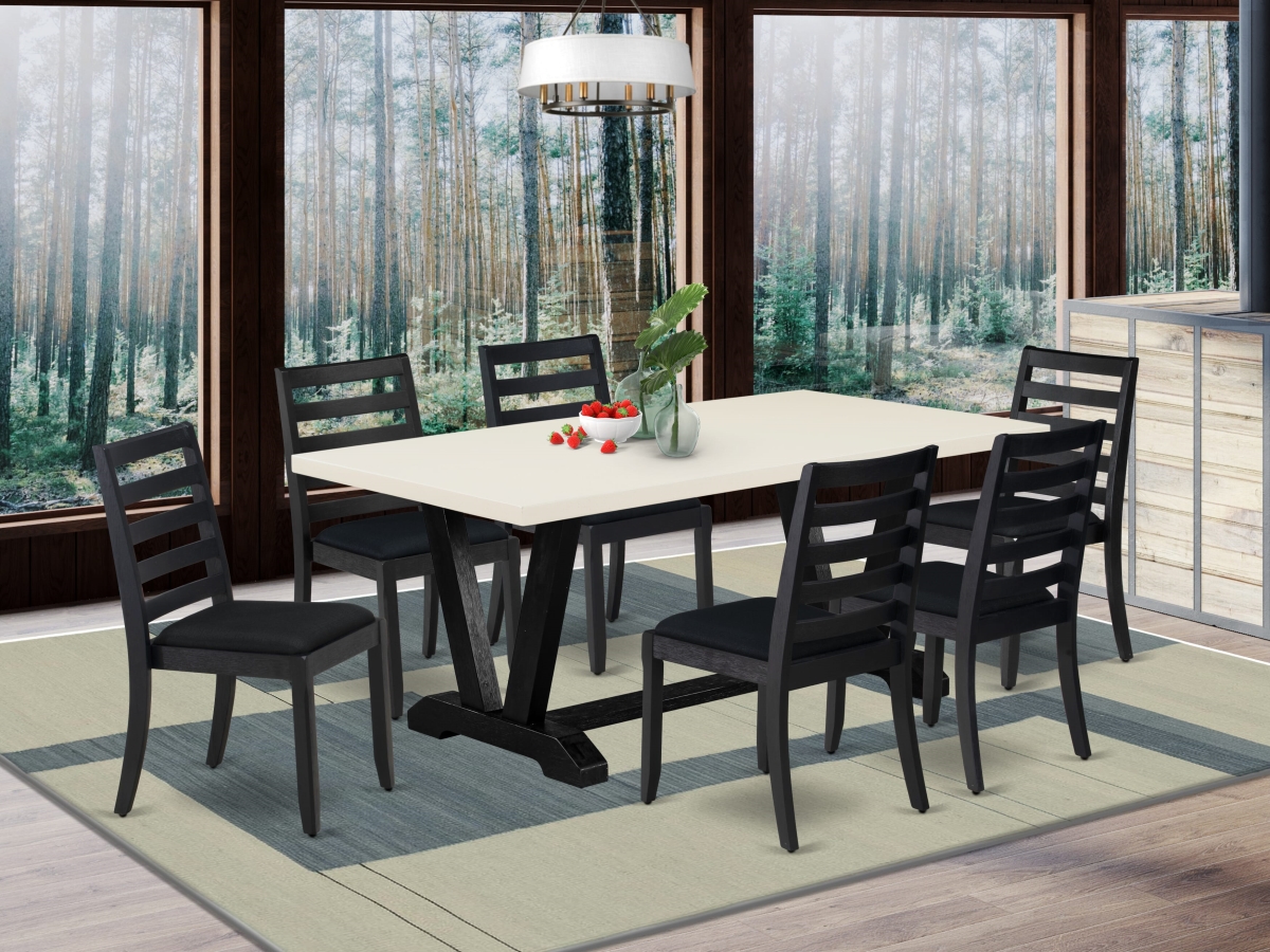 V627X1624-7 Kitchen Set, Linen White - A Rectangular Table & 6 Black Linen Fabric Stackable Chair - 7 Piece