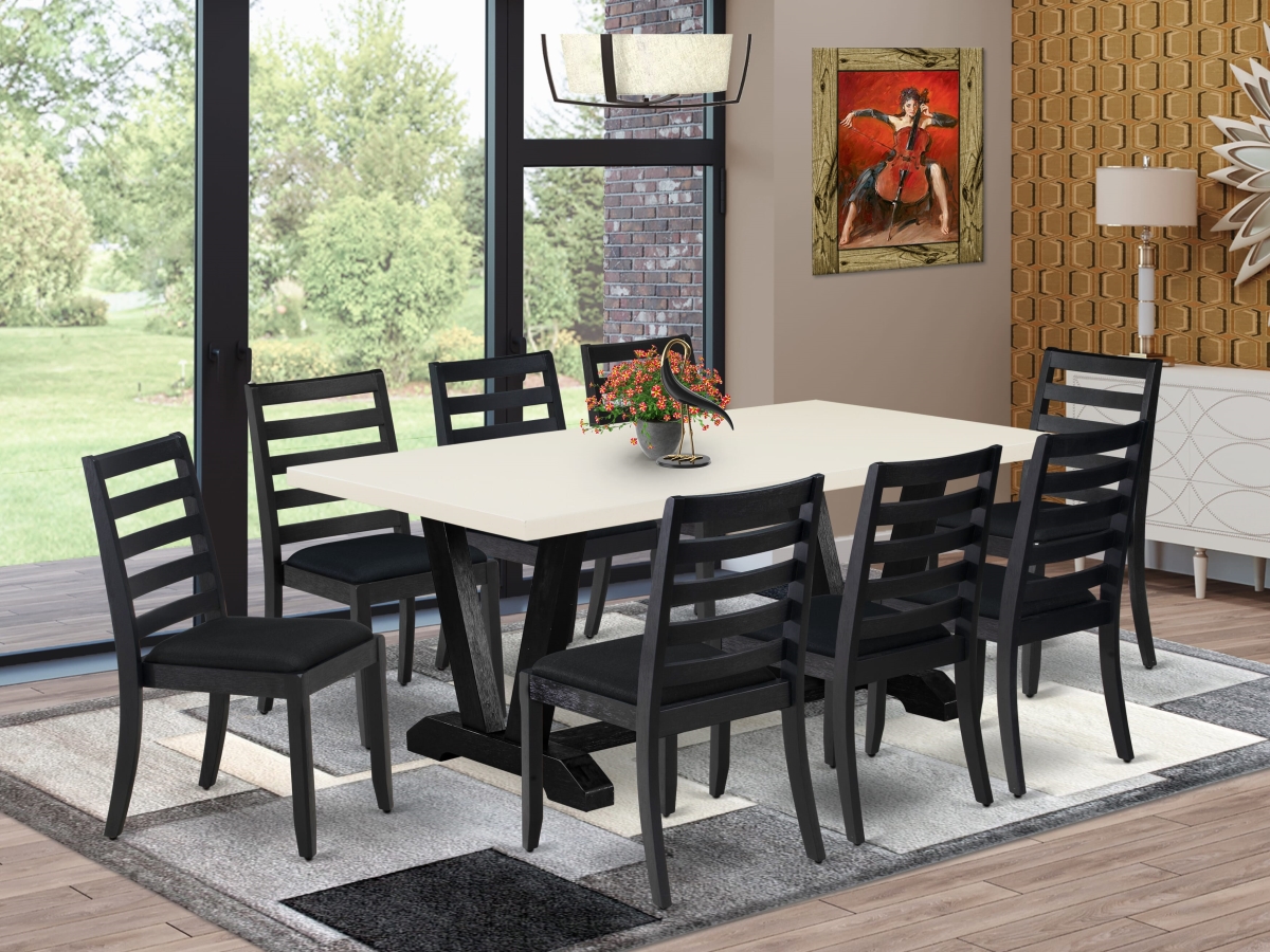 V627X1624-9 Kitchen Set, Linen White - A Rectangular Table & 8 Black Linen Fabric Stackable Chair - 9 Piece