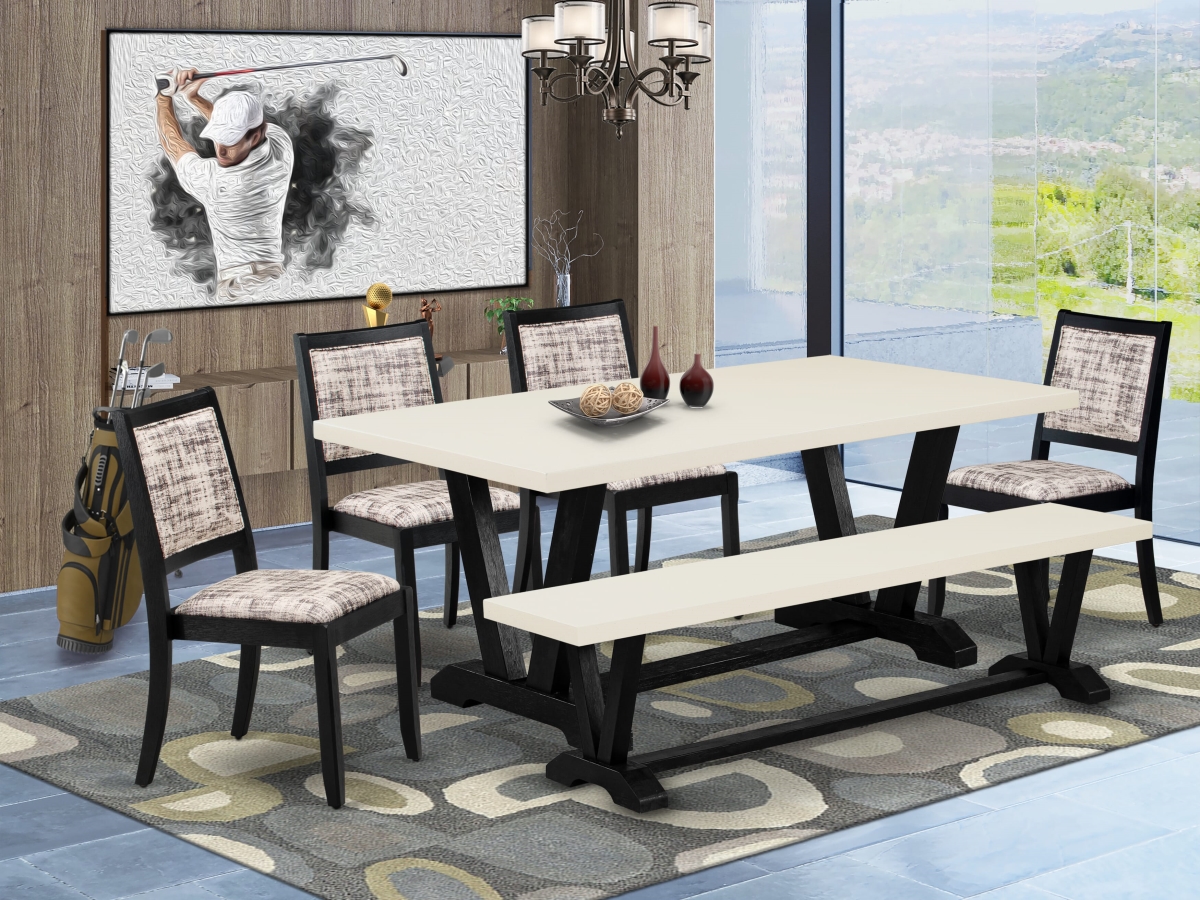 V627X2630-6 Dining Set, Linen White - A Table & A Bench & 4 Stackable Chairs with White & Gray Pattern Faux Leather Fabric - 6 Piece