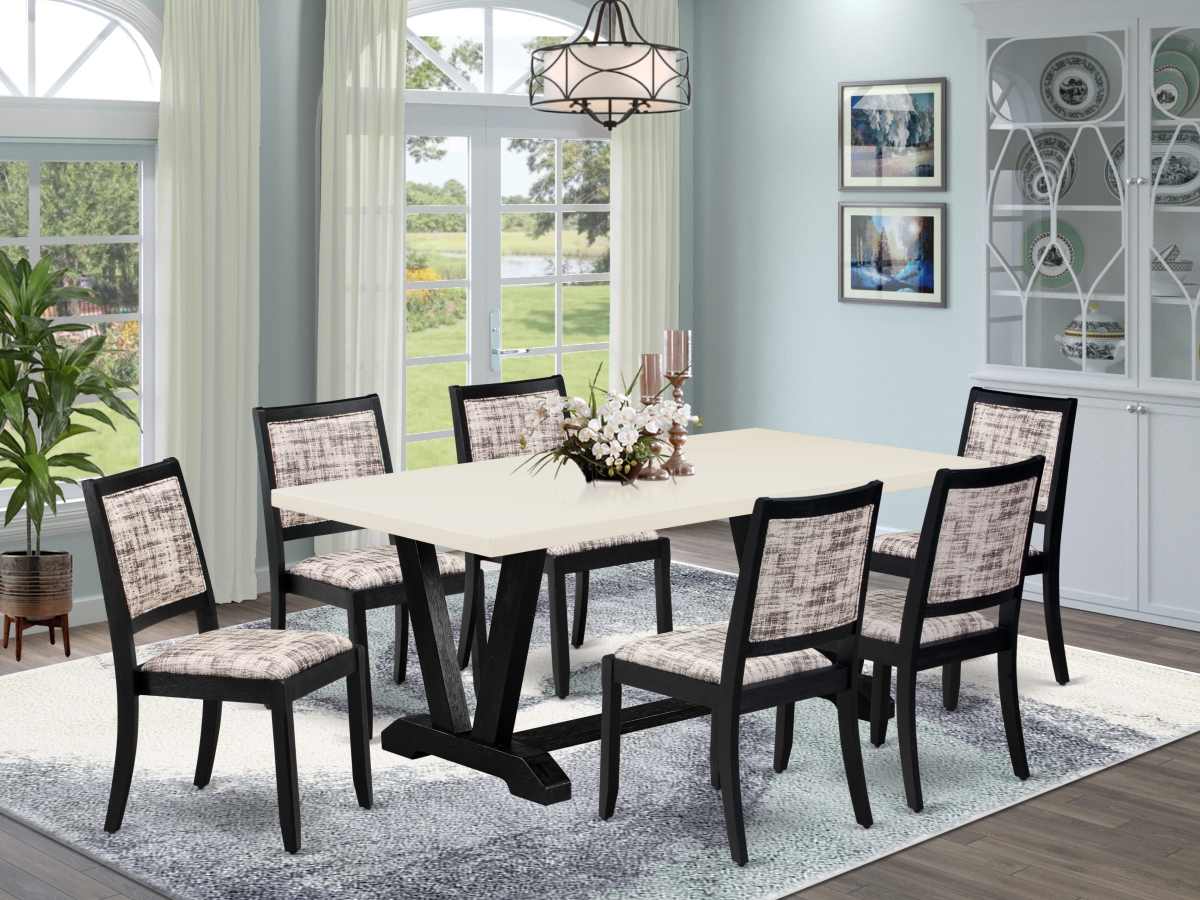 V627X2630-7 Dining Set, Linen White - A Dinner Table & 6 Stackable Chairs with White & Gray Pattern Faux Leather Fabric - 7 Piece