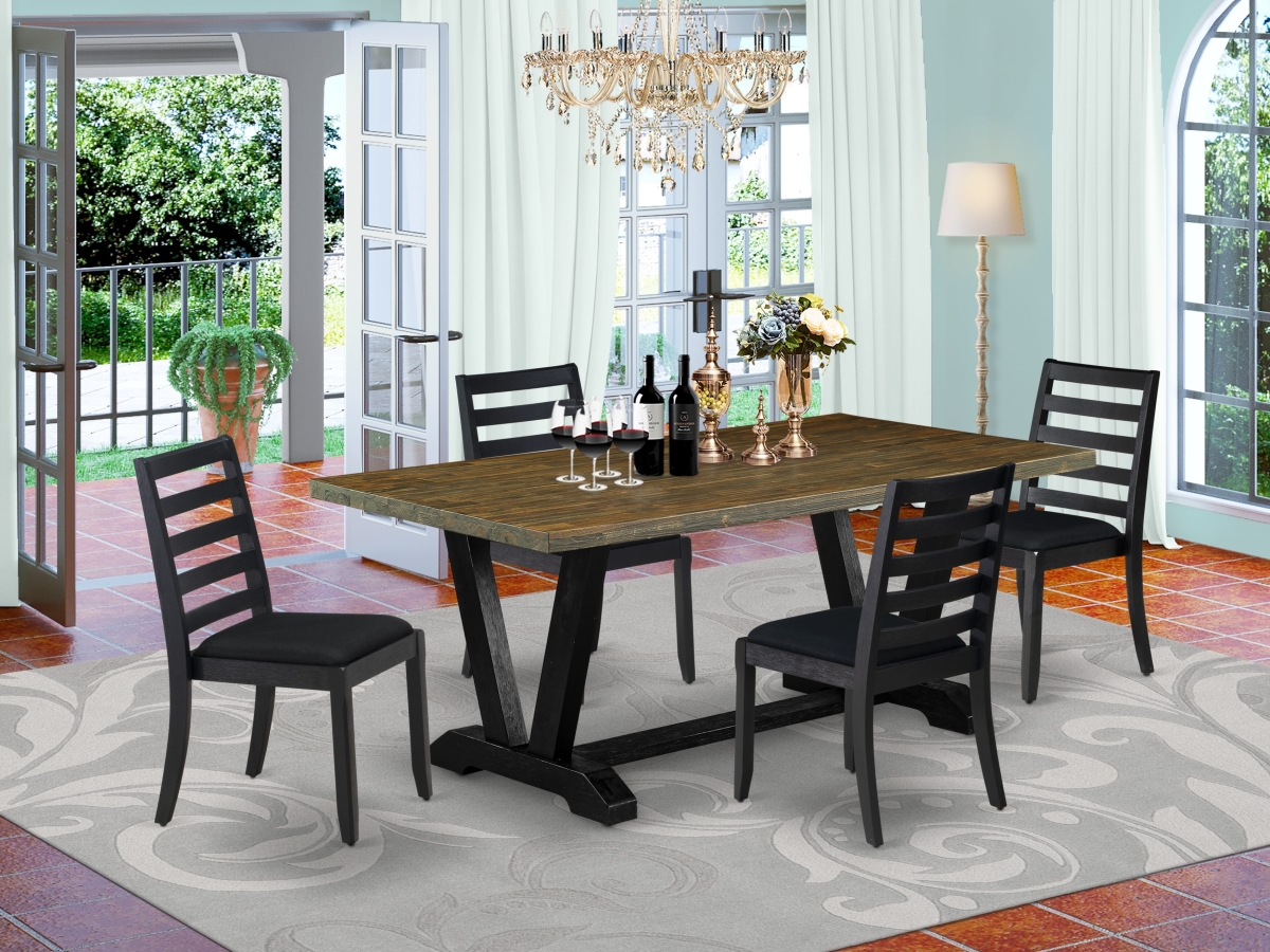 V677X1624-5 Dining Room Set, Distressed Jacobean - A Wooden Table & 4 Stackable Chairs with Black Linen Fabric - 5 Piece