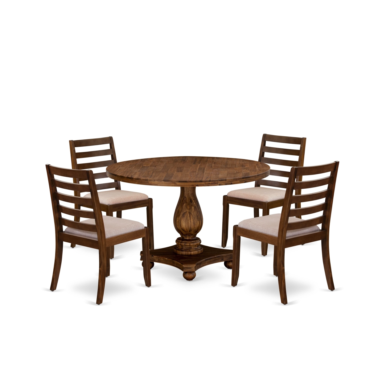 I2X15-0N-04 5 Piece Kitchen Table Set Included A Round Table & 4 Light Tan Linen Fabric Stackable Chair, Antique Walnut Finish