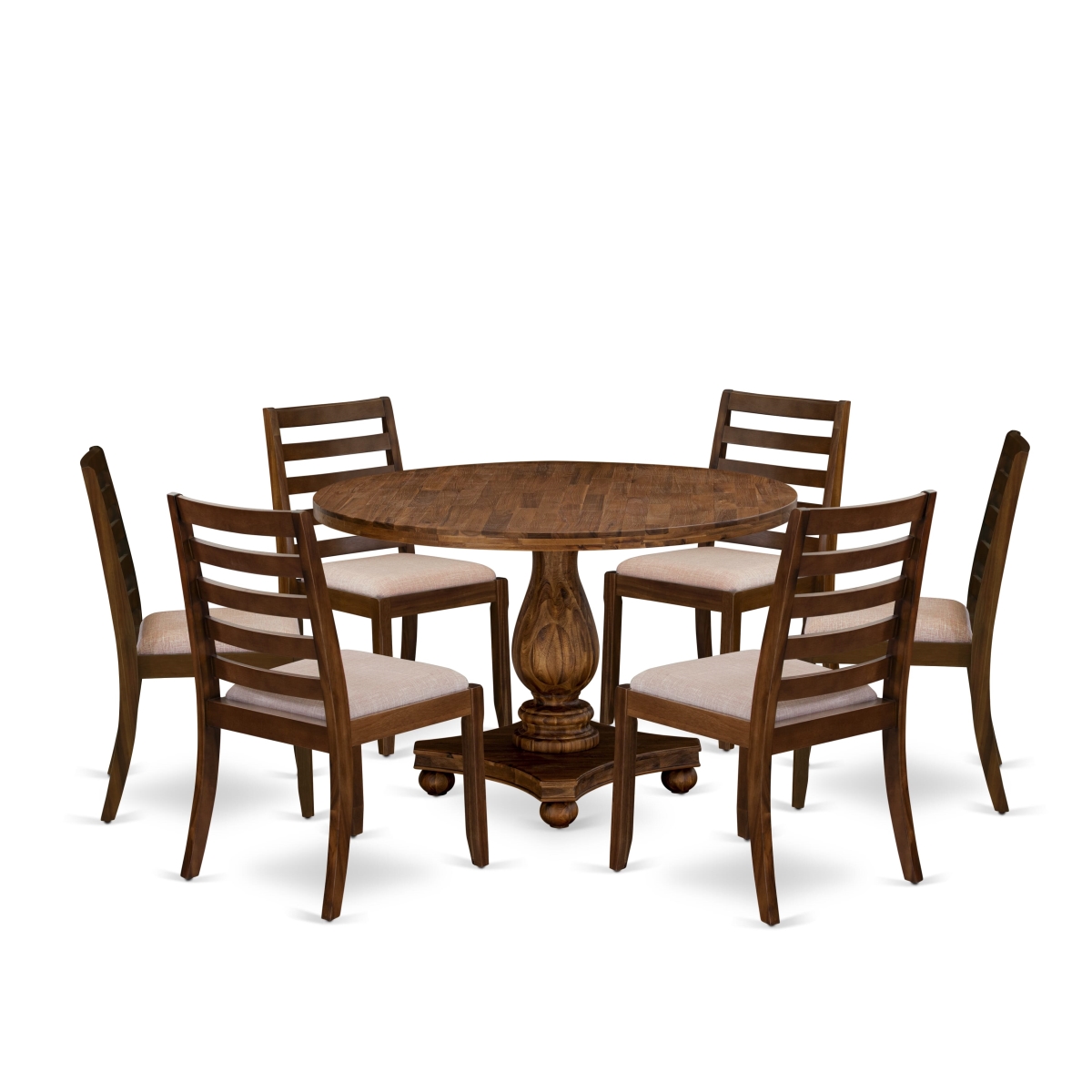I2X17-0N-04 7 Piece Dining Table Set Consists of A Round Table & 6 Light Tan Linen Fabric Stackable Chair, Antique Walnut Finish