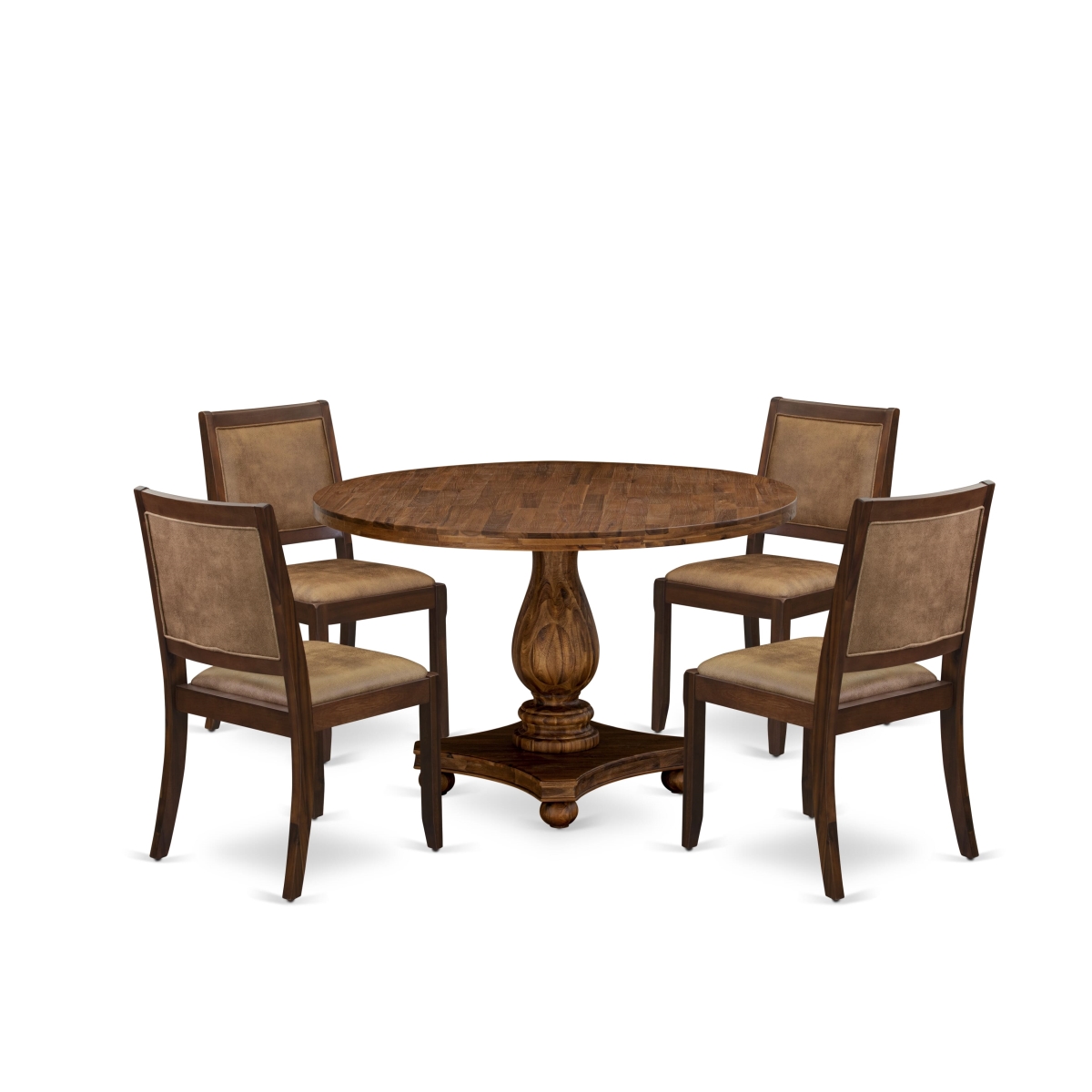 I2X25-0N-28 5 Piece Kitchen Table Set Included A Round Table & 4 Brown Texture Leather Stackable Chairs, Antique Walnut Finish