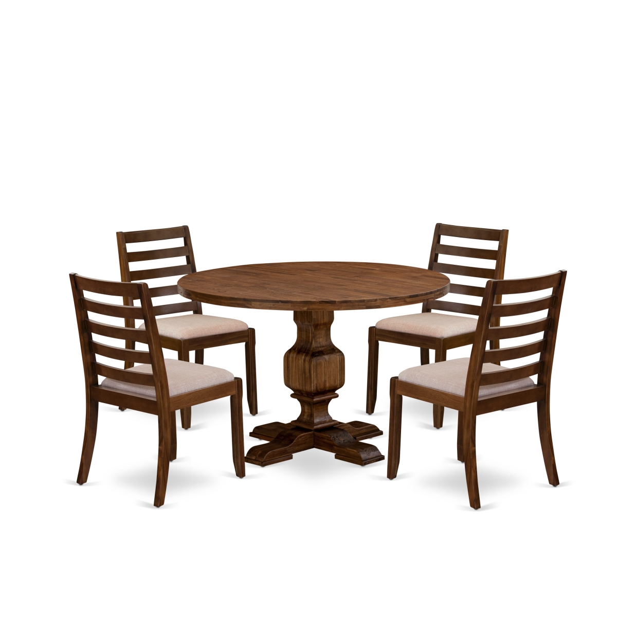 I3X15-0N-04 5 Piece Dining Table Set Included A Round Table & 4 Light Tan Linen Fabric Stackable Chair, Antique Walnut Finish