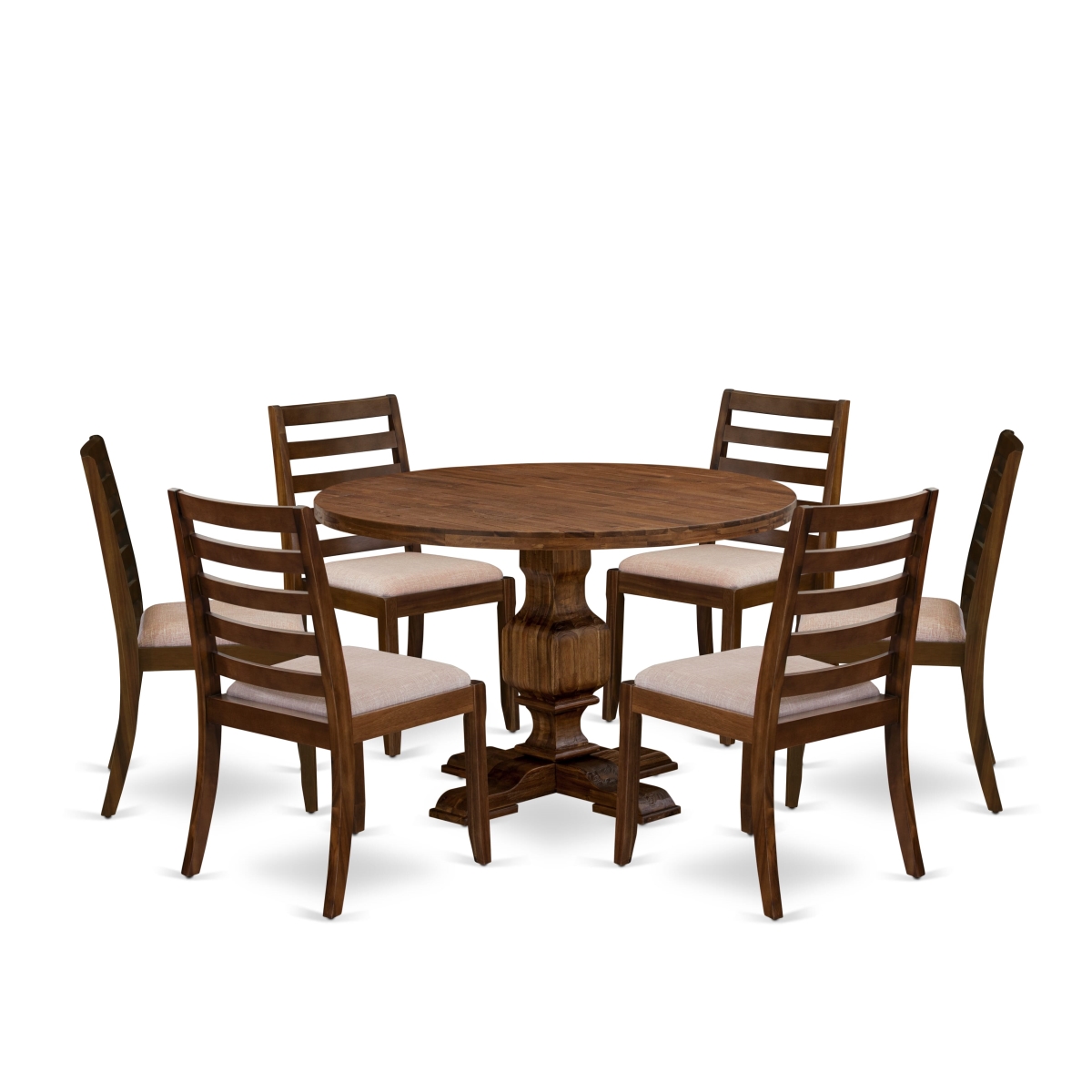 I3X17-0N-04 7 Piece Dining Table Set Included A Round Table & 6 Light Tan Linen Fabric Stackable Chair, Antique Walnut Finish
