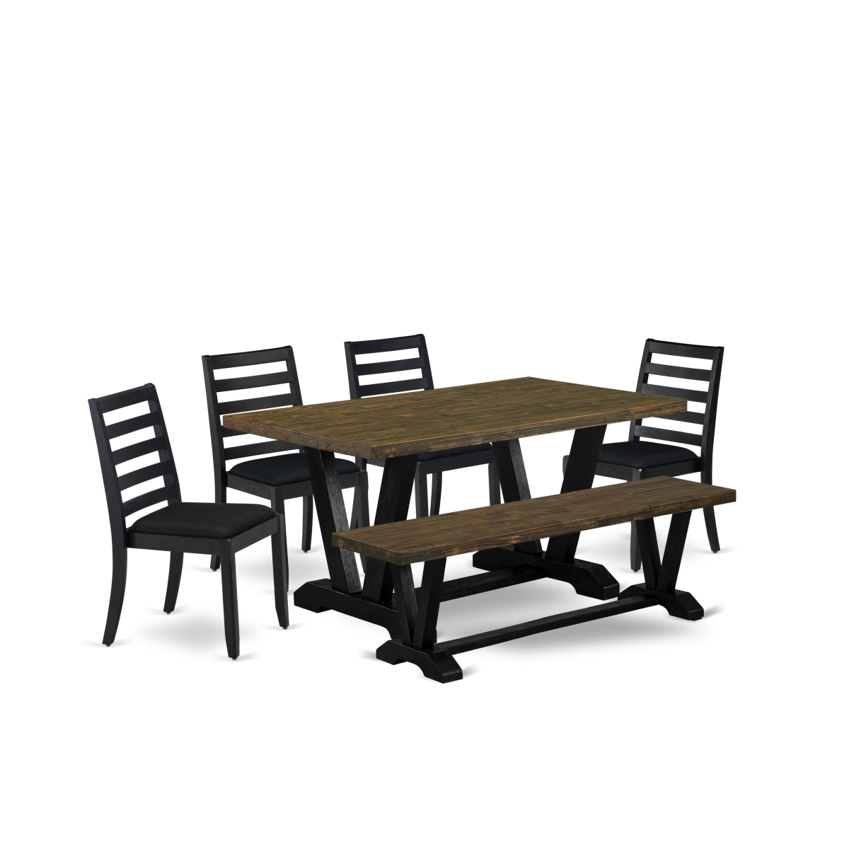 V676X1624-6 6 Piece Dining Set - A Kitchen Table & A Bench & 4 Stackable Chairs with Black Linen Fabric - Wire-Brushed Black