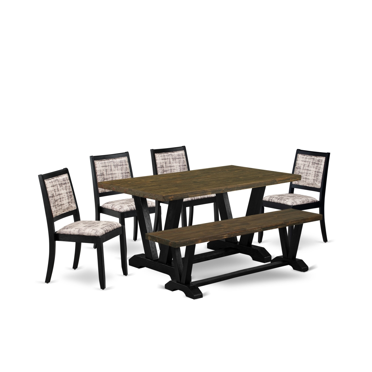 V676X2630-6 6 Piece Dining Set - A Table, A Bench & 4 Stackable Chairs with White & Gray Pattern Faux Leather Fabric - Wire-Brushed Black