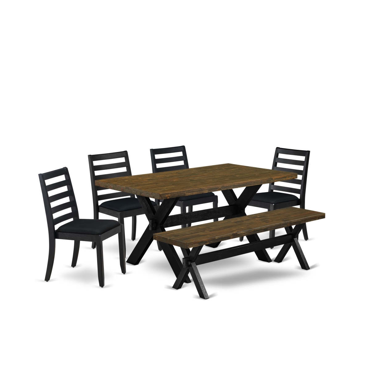 X676X1624-6 6 Piece Kitchen Set - A Dining Table & A Bench & 4 Stackable Chairs with Black Linen Fabric - Wire-Brushed Black