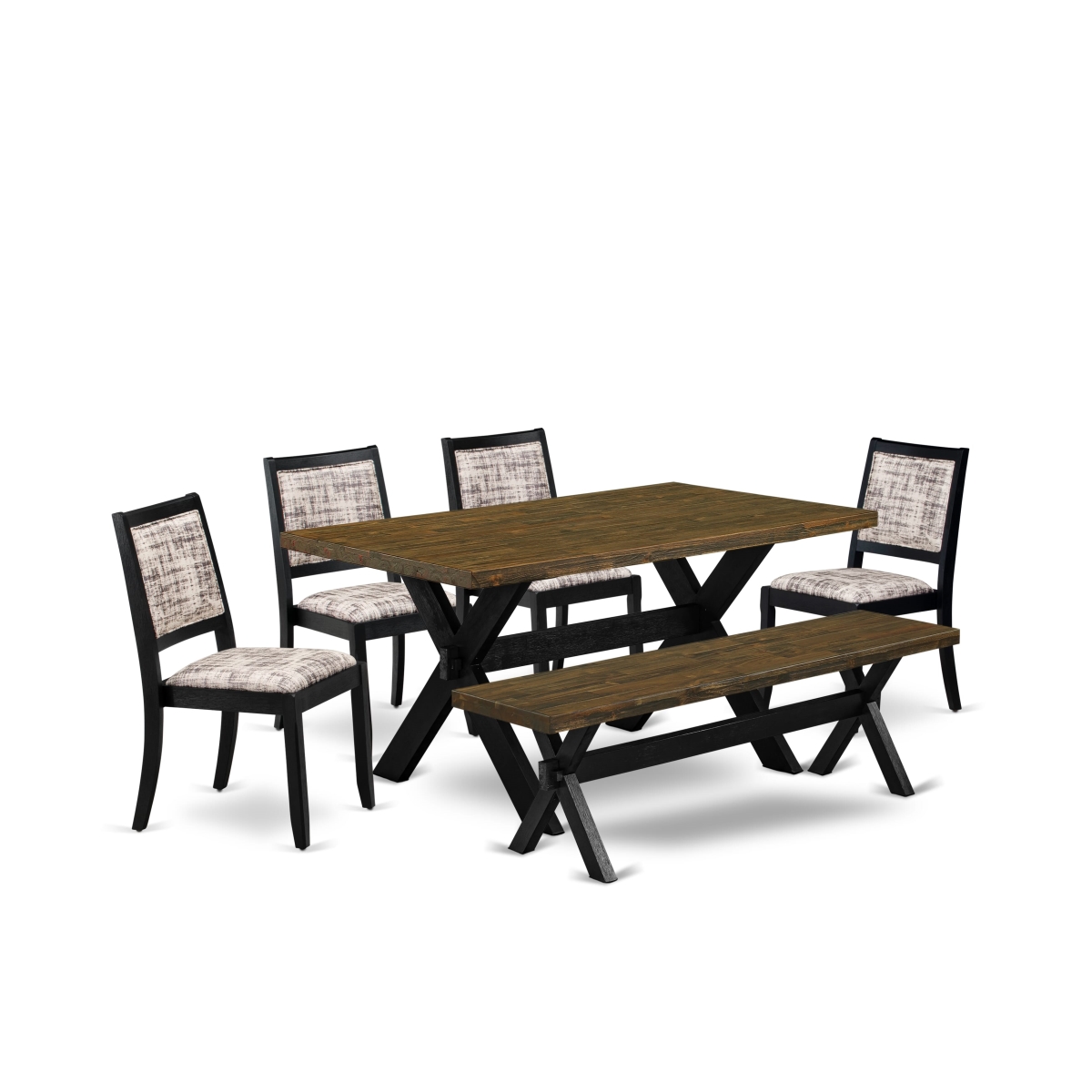 X676X2630-6 6 Piece Dining Set - A Table & A Bench & 4 Stackable Chairs with White & Gray Pattern Faux Leather Fabric - Wire-Brushed Black