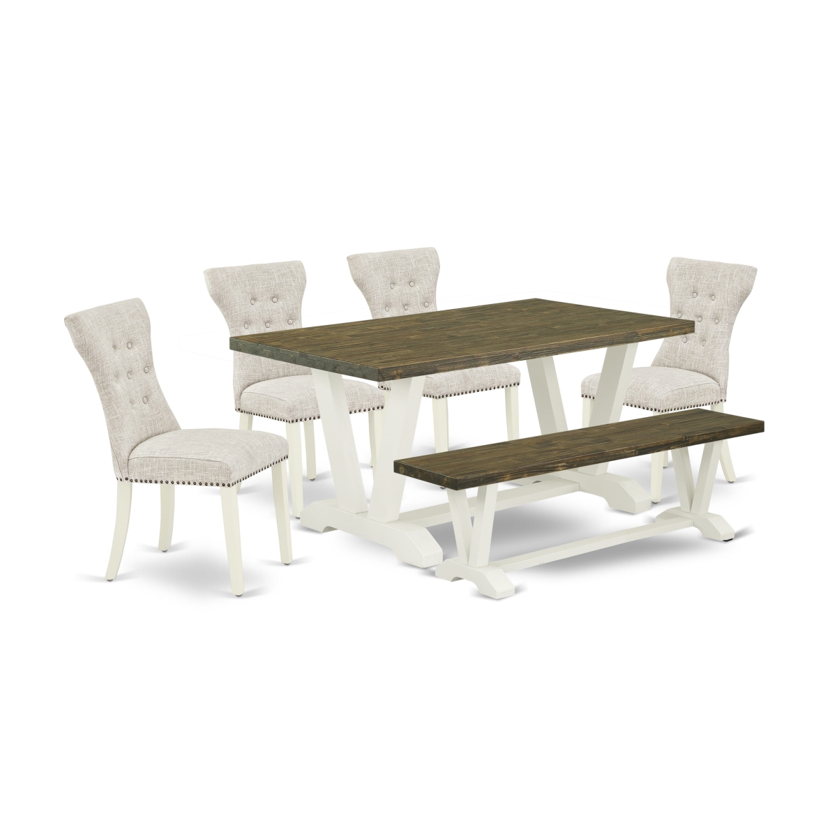 V076GA235-6 6 Piece Kitchen Table Set-Doeskin Linen Fabric Seat & Button Tufted Chair Back Parson Chairs - Distressed Jacobean & Linen White Finish