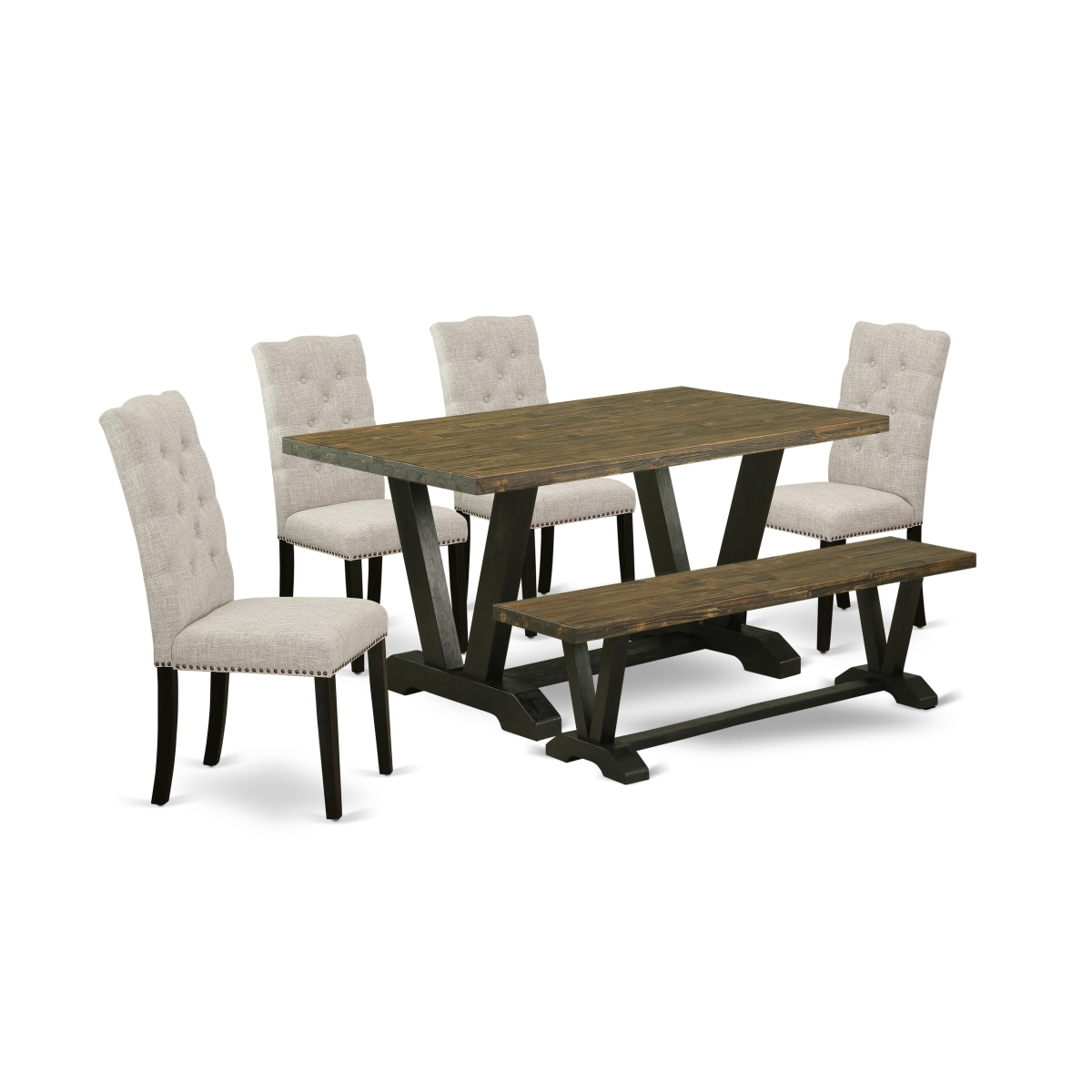 V676EL635-6 6 Piece Dining - Doeskin Linen Fabric Seat & Button Tufted Chair Back Parson Chairs - Distressed Jacobean & Wire Brushed Black Finish