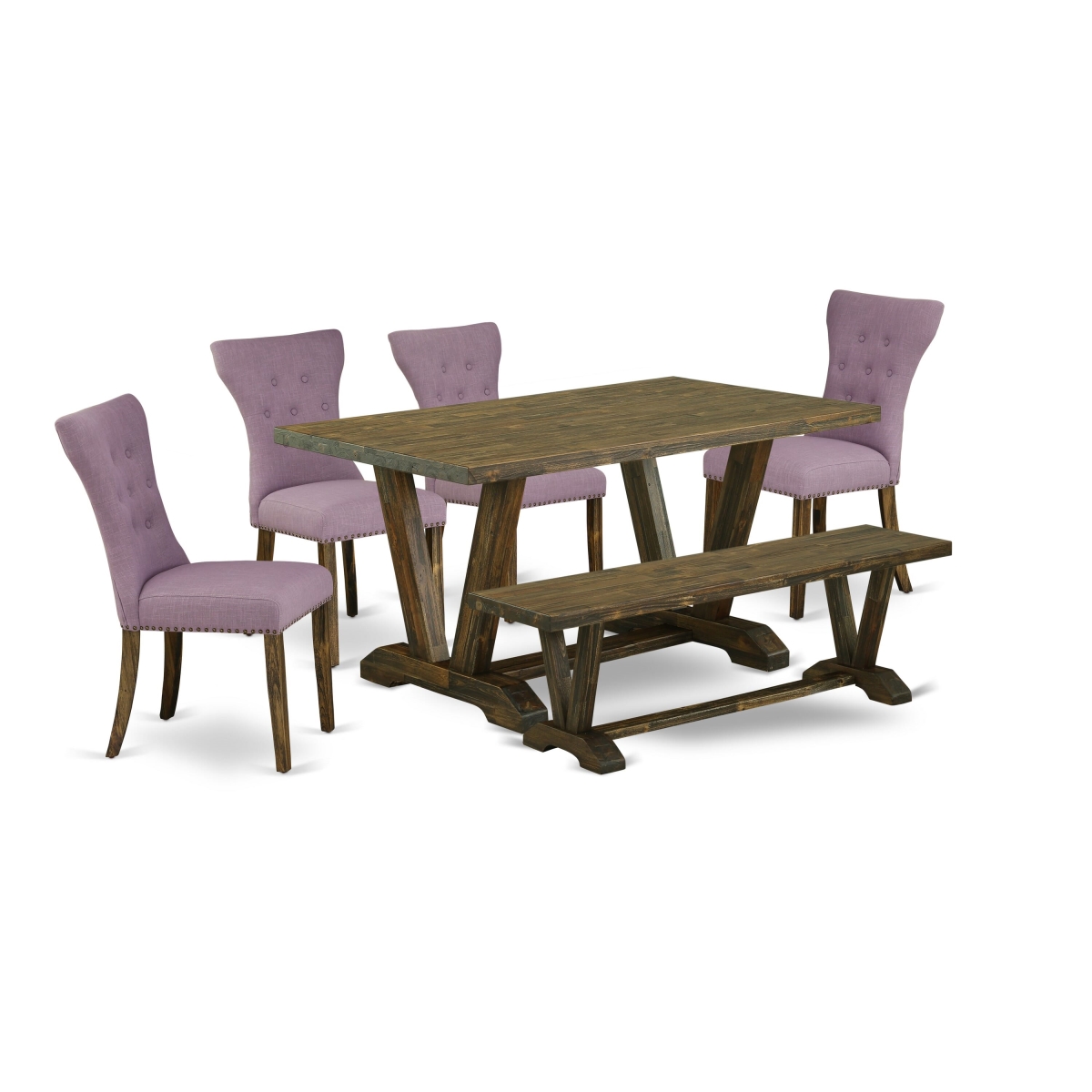 6 Piece Kitchen Table Set-Dahlia Linen Fabric Seat & Button Tufted Chair Back Dining Chairs - Distressed Jacobean & Distressed Jacobean Finish