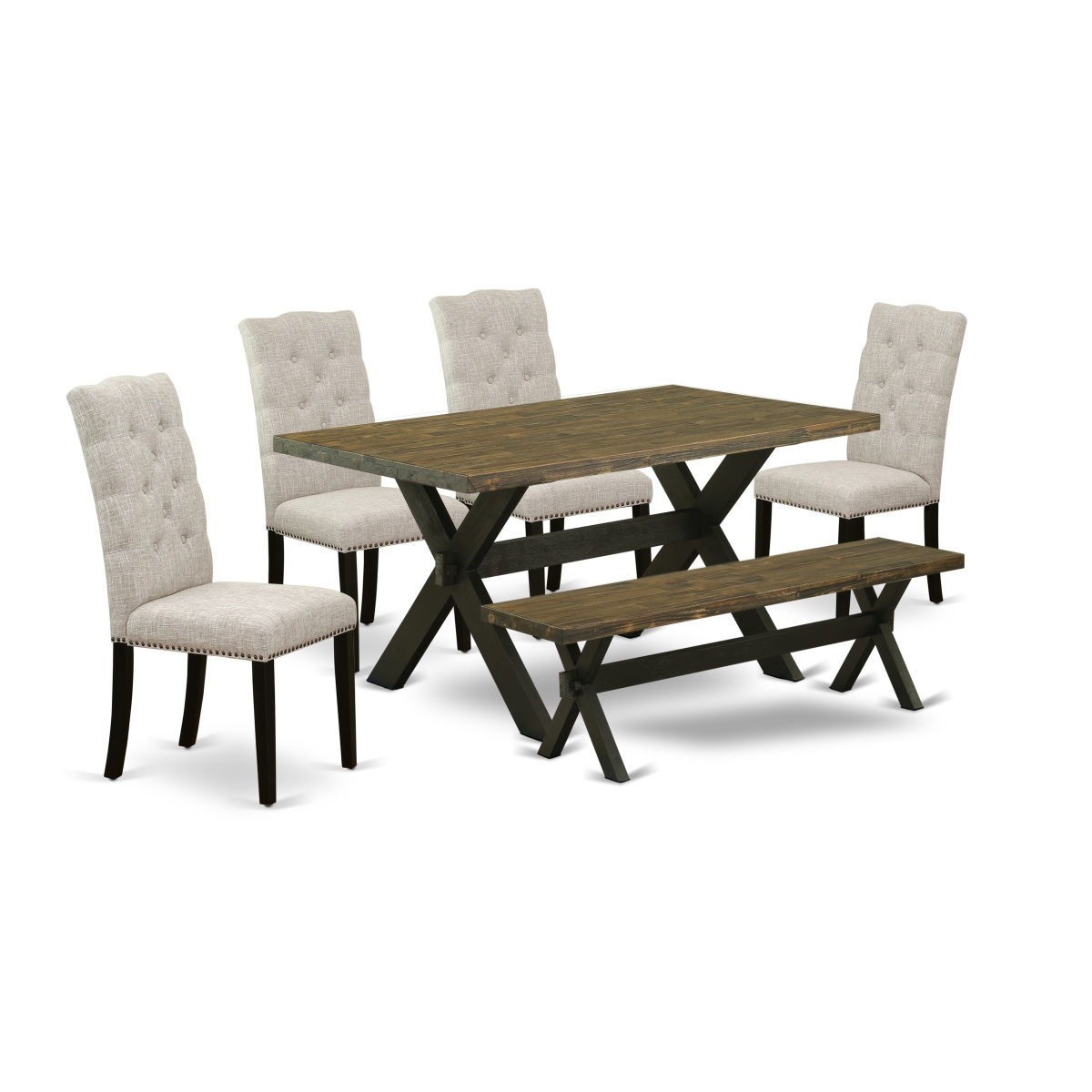6 Piece Dining - Doeskin Linen Fabric Seat & Button Tufted Chair Back Parson Dining Room Chairs - Distressed Jacobean & Wire Brushed Black Finish
