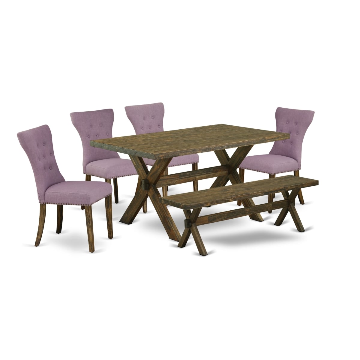 6 Piece Dining Table Set-Dahlia Linen Fabric Seat & Button Tufted Chair Back Kitchen Chairs - Distressed Jacobean & Distressed Jacobean Finish