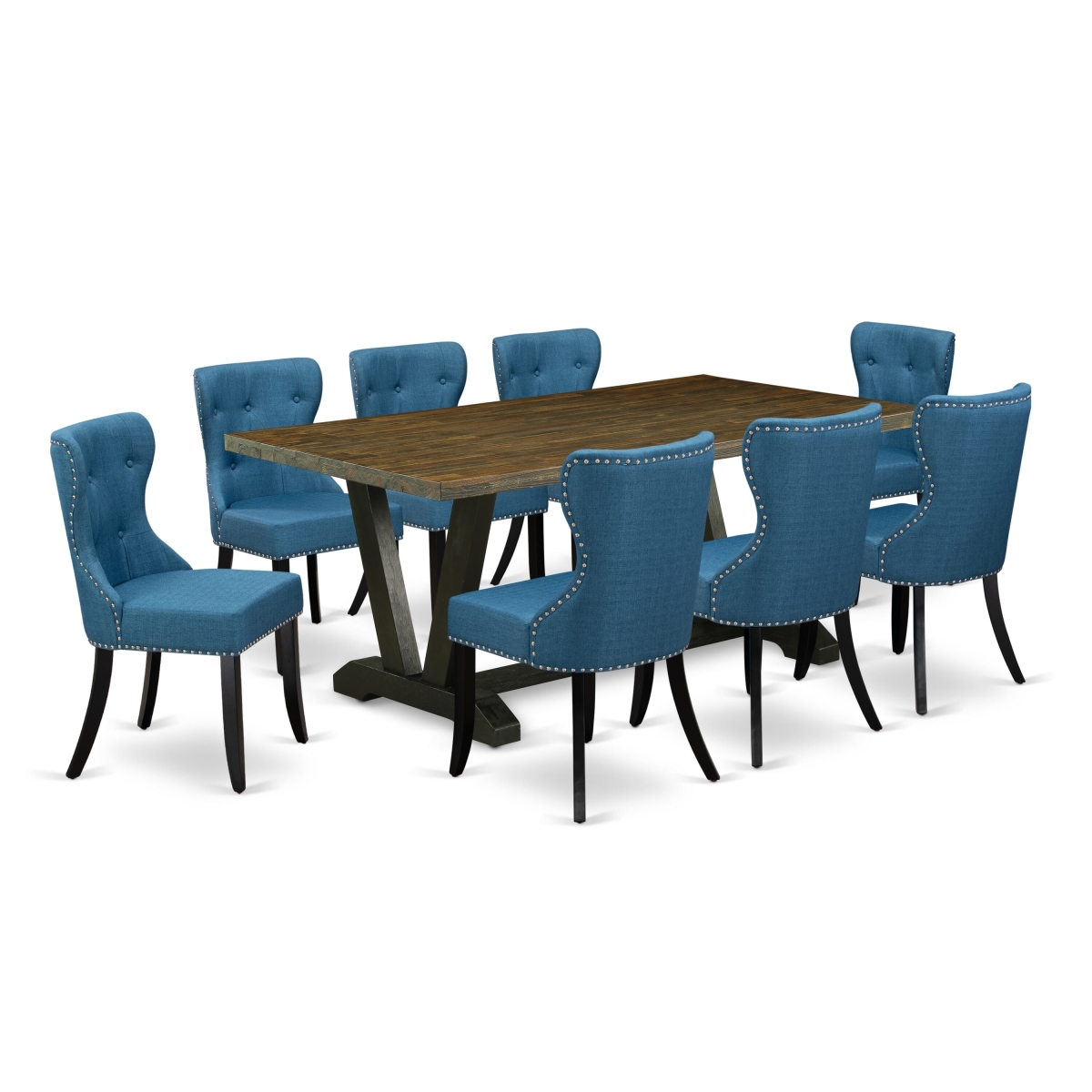 V677SI121-9 9 Piece Dinette Set- 8 Dining Padded Chairs with Blue Linen Fabric Seat & Button Tufted Chair Back - Distressed Jacobean & Black Finish