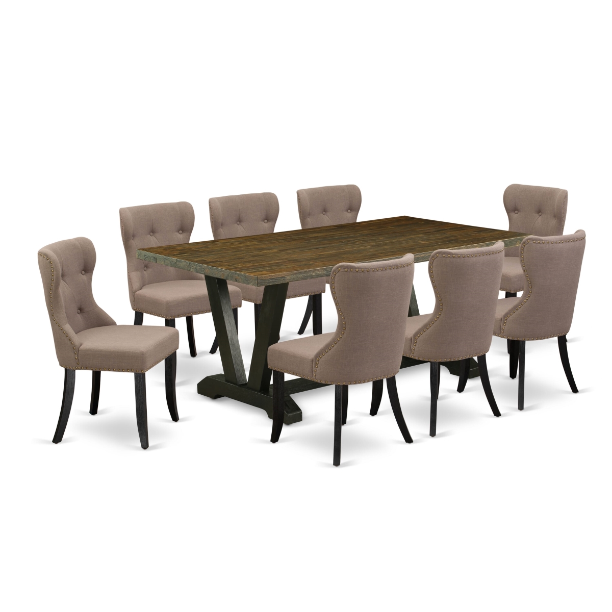 9 Piece Dinette Set- 8 Kitchen Chairs with Coffee Linen Fabric Seat & Button Tufted Chair Back - Distressed Jacobean & Wire Brushed Black Finish