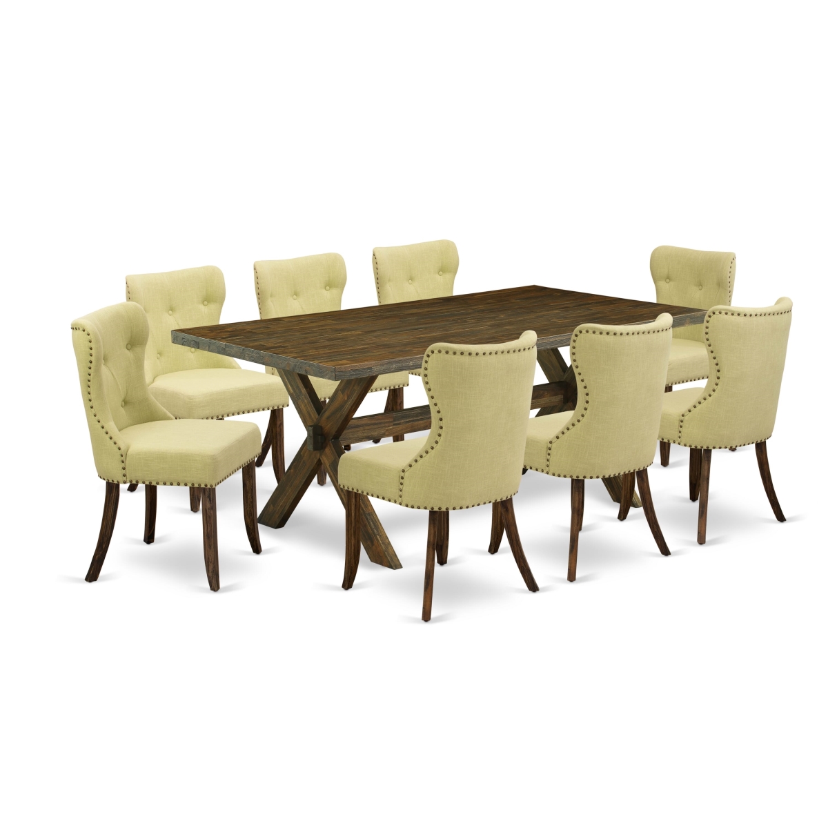 X777SI737-9 9 Piece Kitchen Dining Set- 8 Dining Chairs with Limelight Linen Fabric Seat & Button Tufted Chair Back - Distressed Jacobean Finish