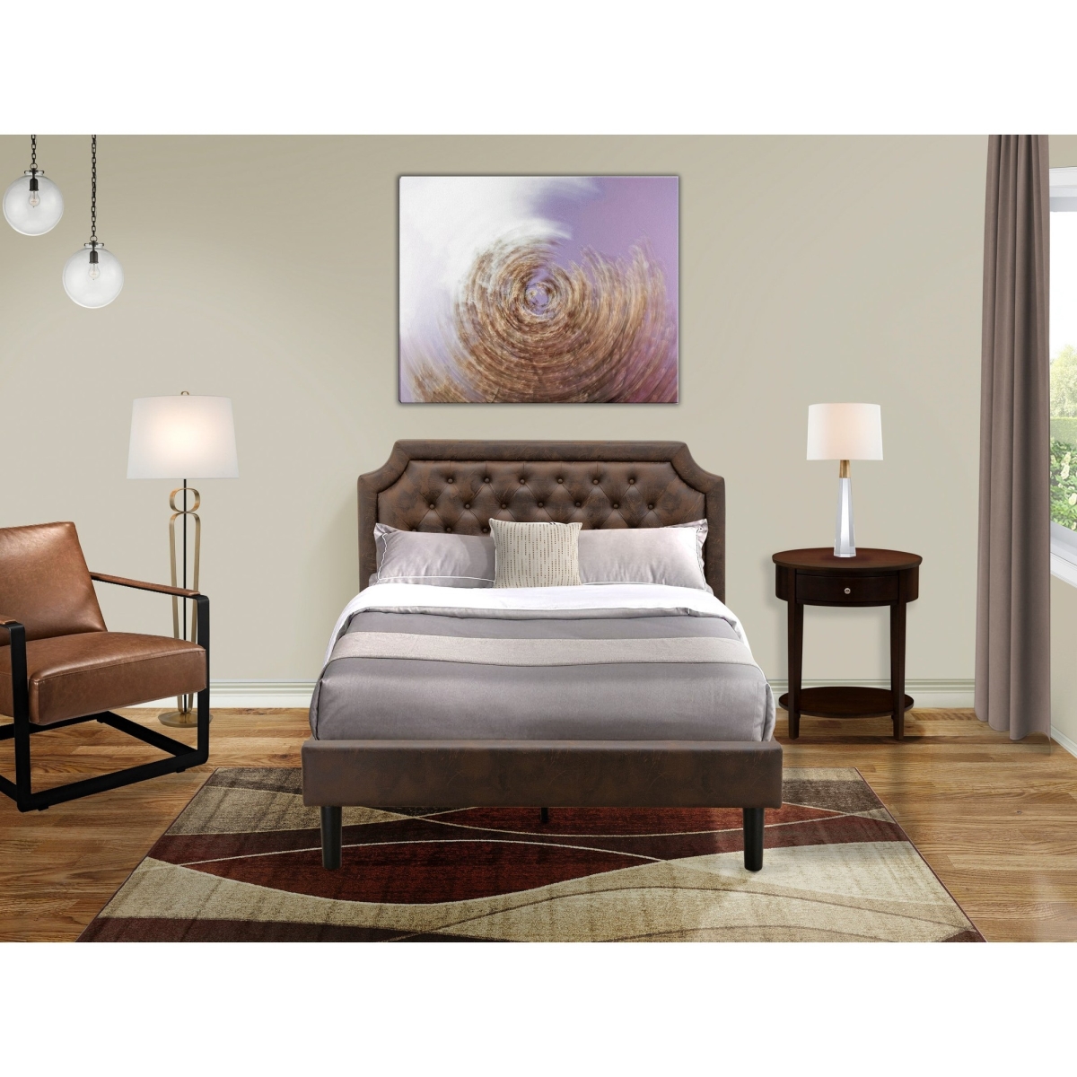 GB25F-1HI0M 2 Piece Platform Full Bedroom Set with Bed Frame & Antique Mahogany End Table - Dark Brown Faux Leather & Black Legs