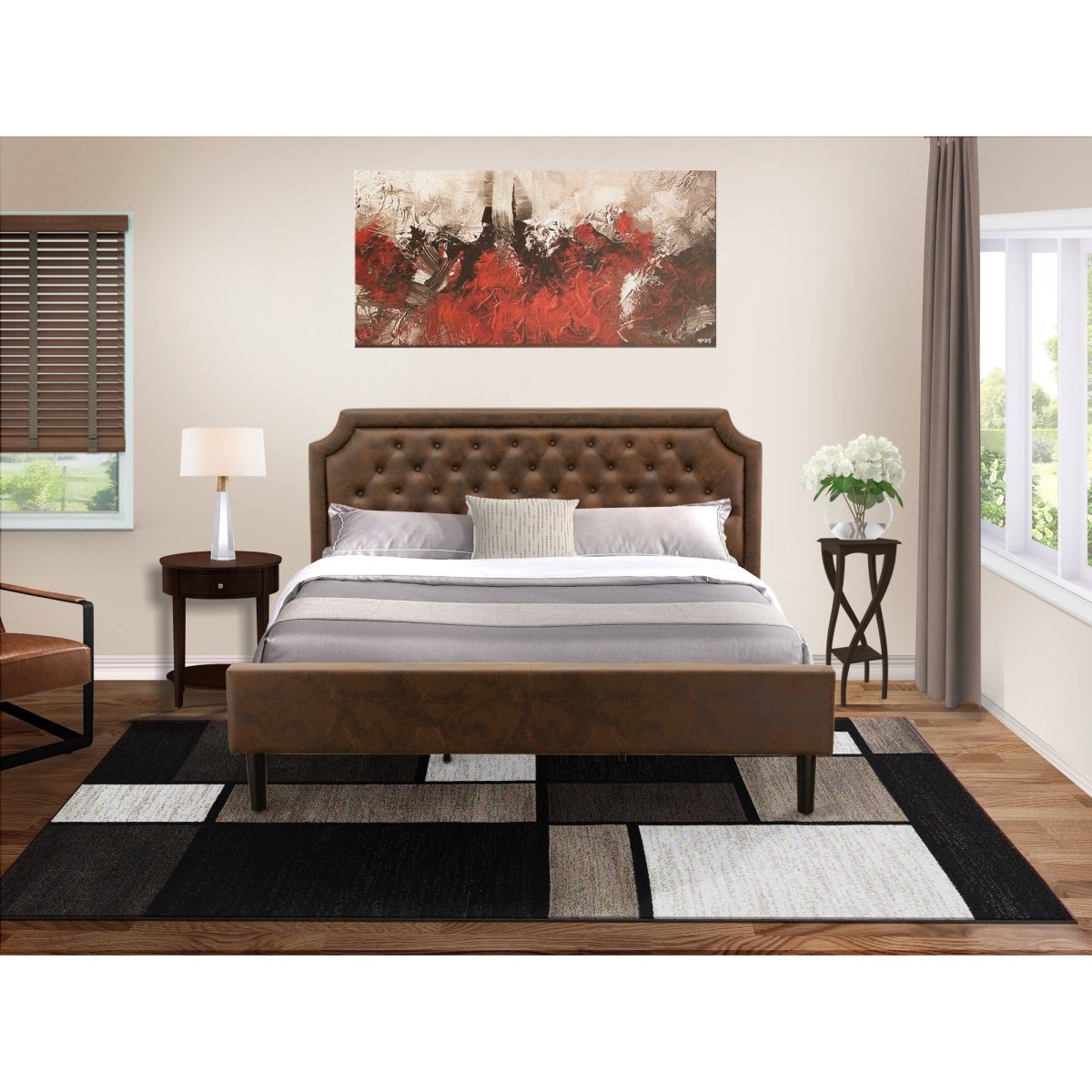 GB25K-1HI0M 2 Piece King Bedroom Set with Bed & Antique Mahogany Small Nightstand - Dark Brown Faux Leather & Black Legs