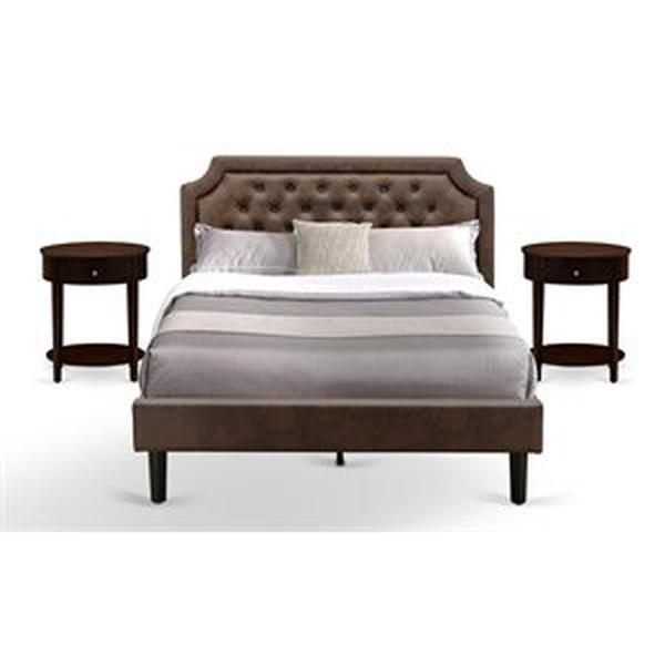 GB25Q-2HI0M 3 Piece Wooden Set for Bedroom with Frame & 2 Antique Mahogany Night Stands - Dark Brown Faux Leather & Black Legs