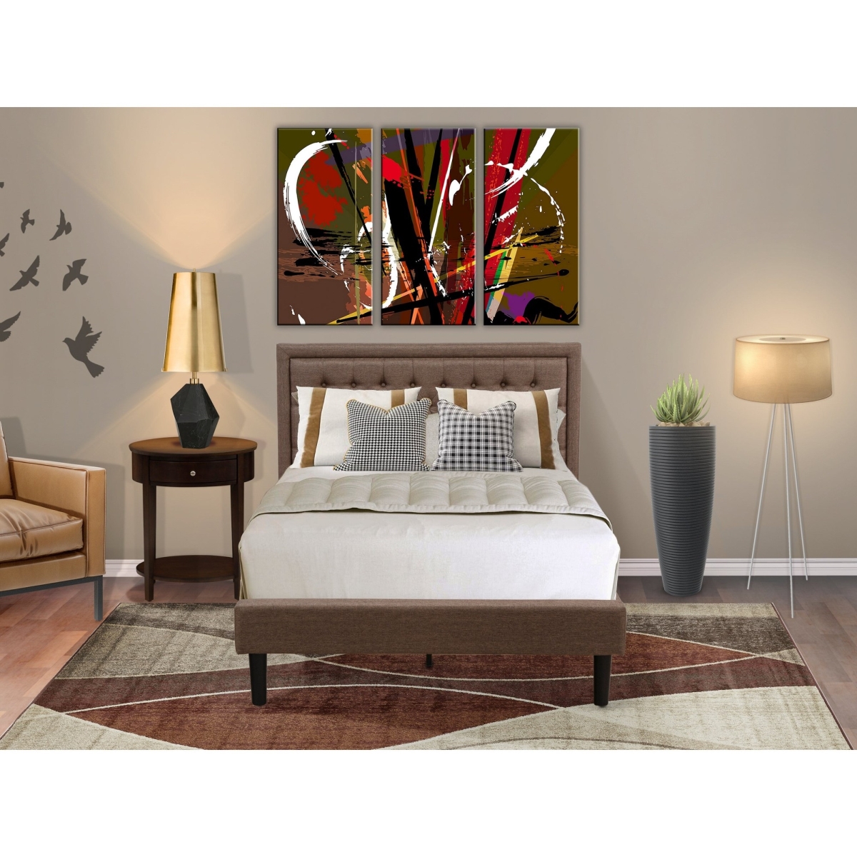 KD18F-1HI0M 2 Piece Bed Set - Full Size Bed Brown Headboard with 1 Night Stand for Bedroom - Black Finish Legs