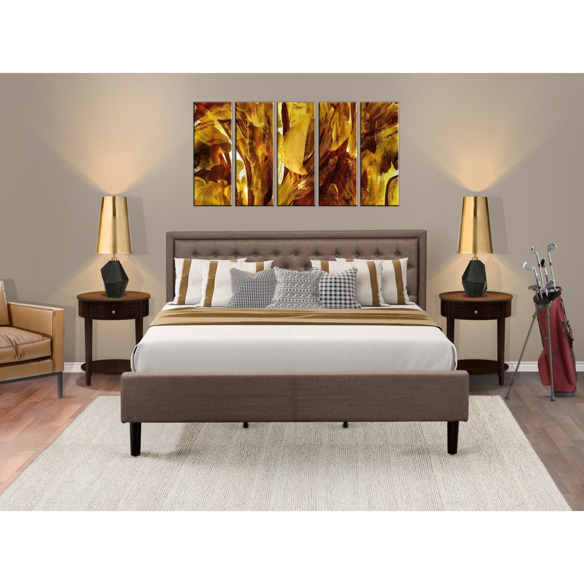 KD18K-2HI0M 3 Piece Bedroom Set - Bed Frame Brown Headboard with 2 Night Stands for Bedrooms - Black Finish Legs