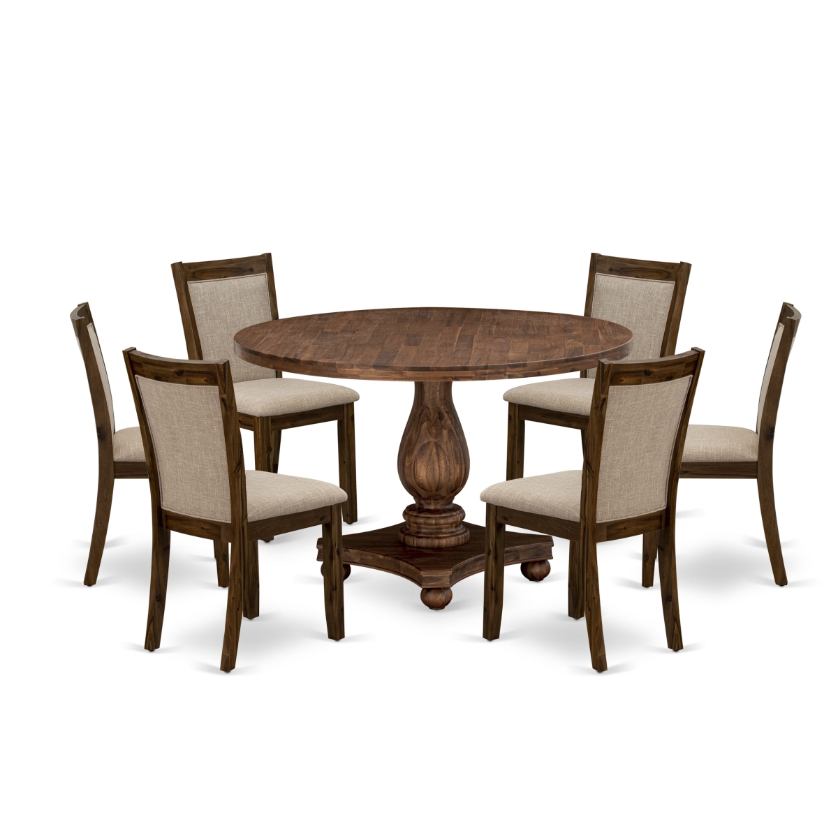 I2MZ7-N04 7 Piece Dinner Table Set - Round Modern Dining Table & 6 Light Tan Parson Chairs with High Back - Antique Walnut Finish