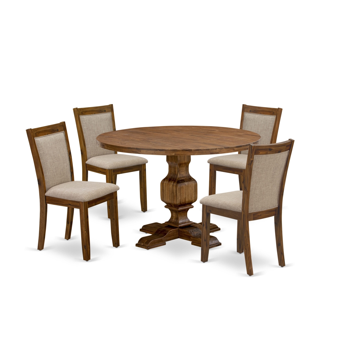 I3MZ5-N04 5 Piece Dinner Table Set - Round Kitchen Table & 4 Light Tan Parson Chairs with High Back - Antique Walnut Finish