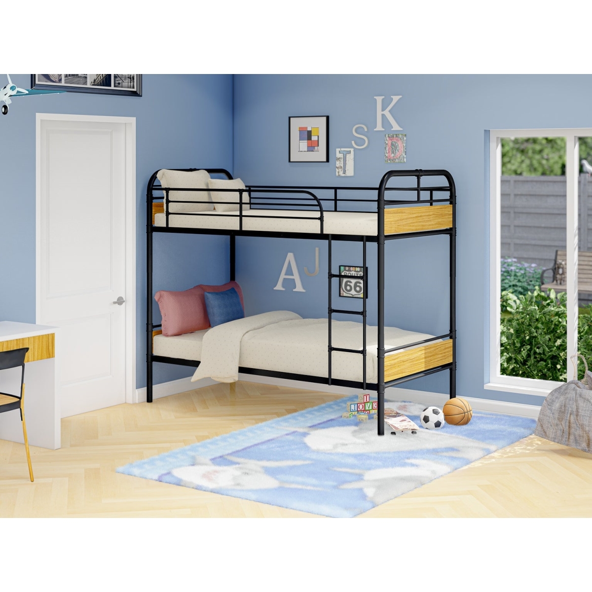 HYT0B01 Hedley Bunk Bed Frame with 4 Metal Legs - Magnificent Twin Size Bed In Powder Coating Black Color & Wea Ther Wood Laminate