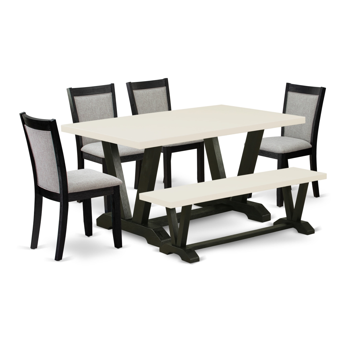 V626MZ606-6 6 Piece Dinette Set - Linen White Dining Table with A Small Wood Bench & 4 Shiitake Chairs - Wire Brushed Black Finish
