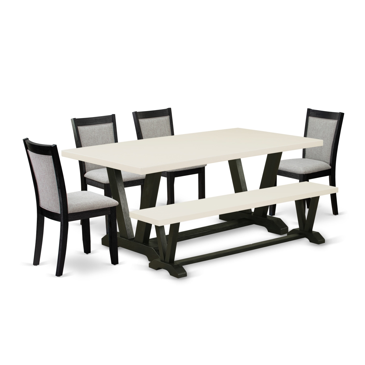V627MZ606-6 6 Piece Kitchen Table Set - Linen White Table with Bench & 4 Shiitake Dining Chairs - Wire Brushed Black Finish