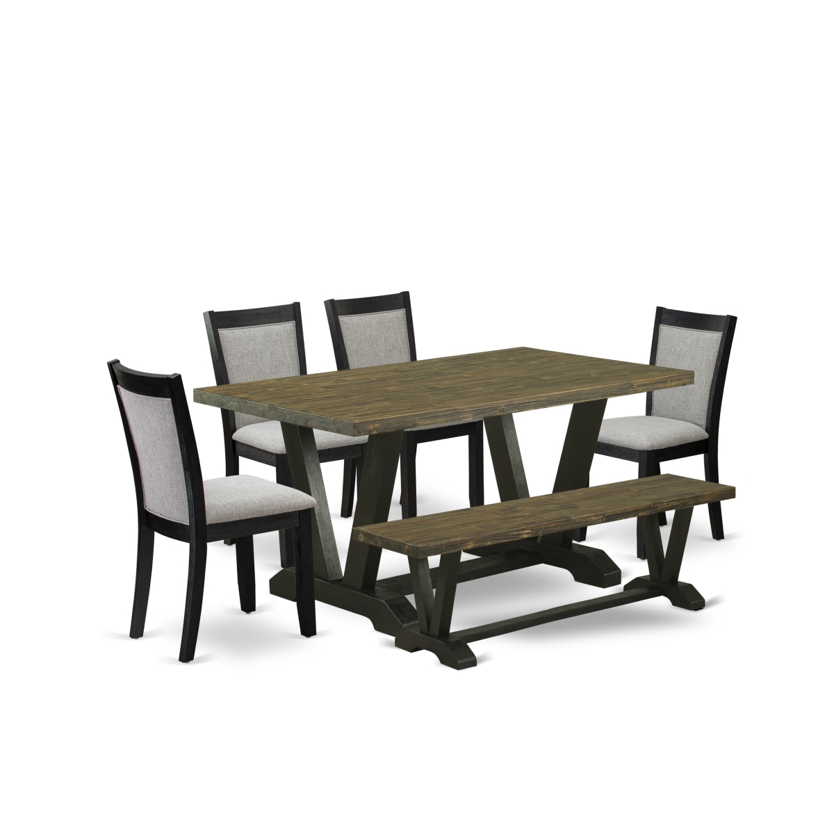 V676MZ606-6 6 Piece Dining Table Set - Distressed Jacobean Dinner Table with A Bench & 4 Shiitake Chairs - Wire Brushed Black Finish