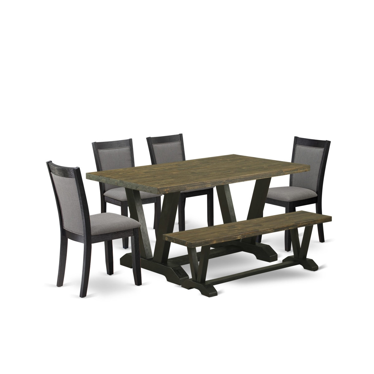 V676MZ650-6 6 Piece Dining Set - Distressed Jacobean Table with Bench & 4 Dark Gotham Grey Chairs - Wire Brushed Black Finish