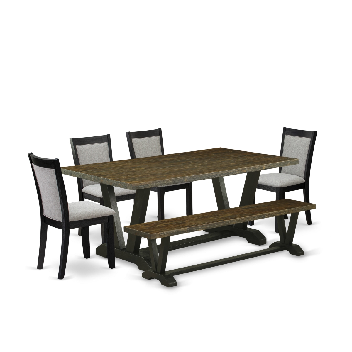V677MZ606-6 6 Piece Table Set - Distressed Jacobean Dinner Table with Bench & 4 Shiitake Dining Chairs - Wire Brushed Black Finish