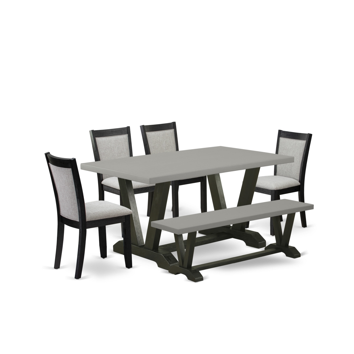 V696MZ606-6 6 Piece Kitchen Table Set - Cement Dining Room Table with Bench & 4 Shiitake Parson Chairs - Wire Brushed Black Finish