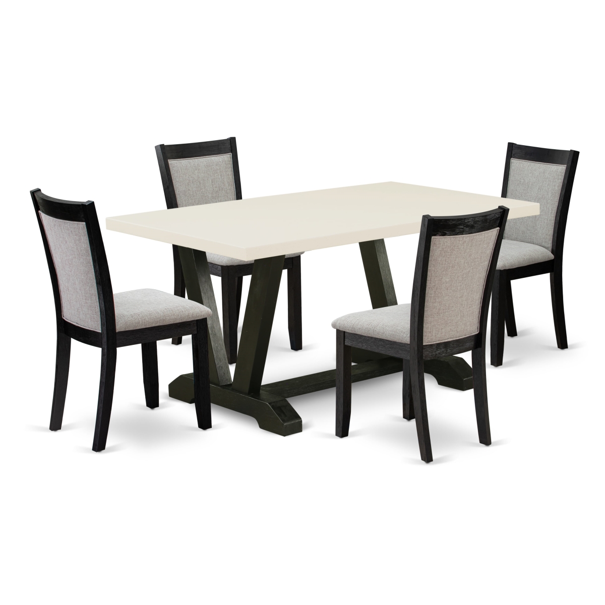 V626MZ606-5 5 Piece Table Set - Linen White Kitchen Table with 4 Shiitake Linen Fabric Parson Chairs - Wire Brushed Black Finish