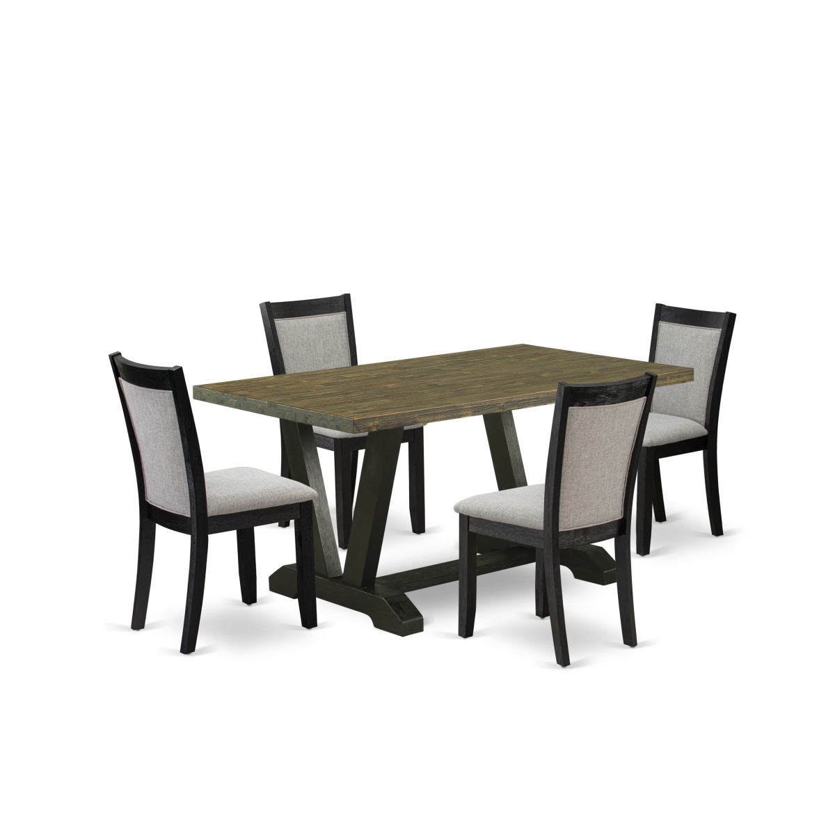 V676MZ606-5 5 Piece Kitchen Table Set - Distressed Jacobean Dining Room Table with 4 Shiitake Chairs - Wire Brushed Black Finish