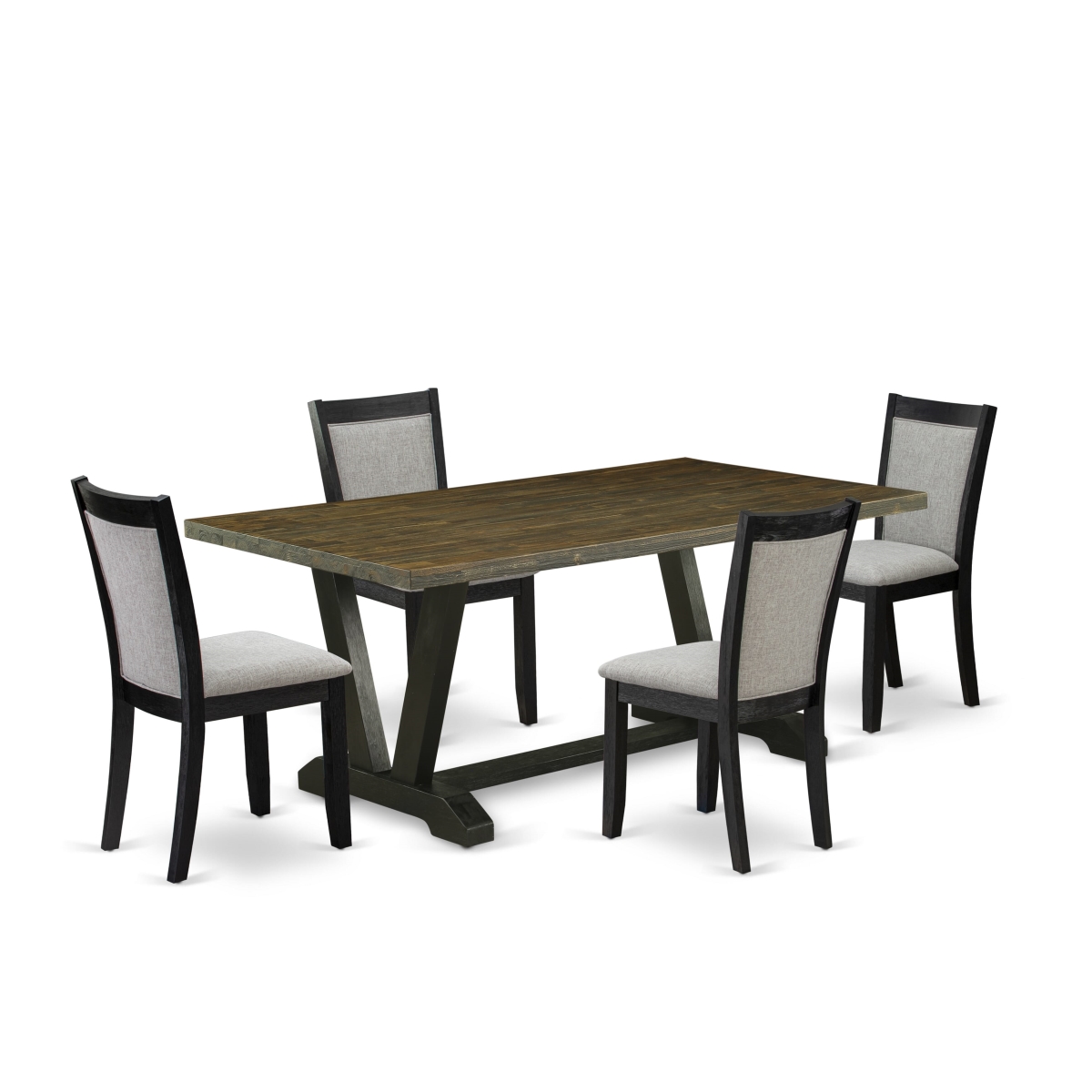 V677MZ606-5 5 Piece Dining Table Set - Distressed Jacobean Wood Table with 4 Shiitake Linen Fabric Chairs - Wire Brushed Black Finish