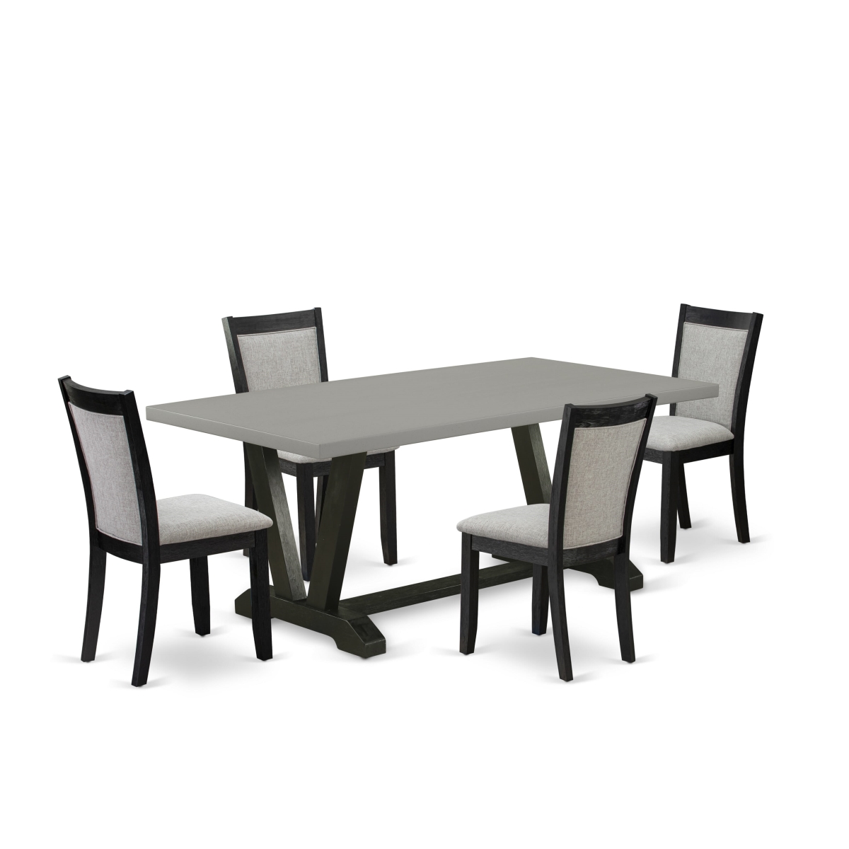 V697MZ606-5 5 Piece Dining Set - Cement Table Top with 4 Shiitake Linen Fabric Upholstered Dining Chairs - Wire Brushed Black Finish