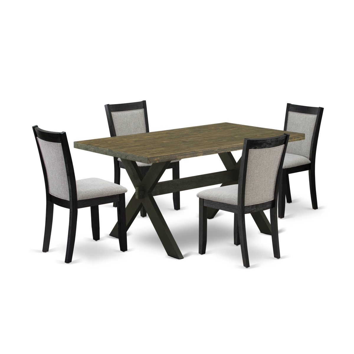 X676MZ606-5 5 Piece Dinette Set - Distressed Jacobean Table with 4 Shiitake Linen Fabric Kitchen Chairs - Wire Brushed Black Finish
