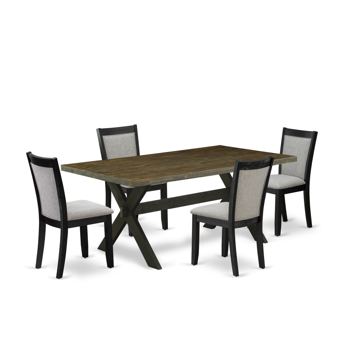 X677MZ606-5 5 Piece Dining Table Set - Distressed Jacobean Table with 4 Shiitake Linen Fabric Chairs - Wire Brushed Black Finish