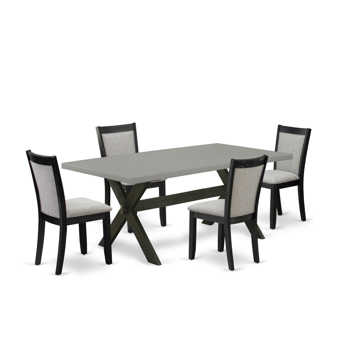 X697MZ606-5 5 Piece Dining Set - Cement Dinner Table with 4 Shiitake Linen Fabric Wood Dining Chairs - Wire Brushed Black Finish
