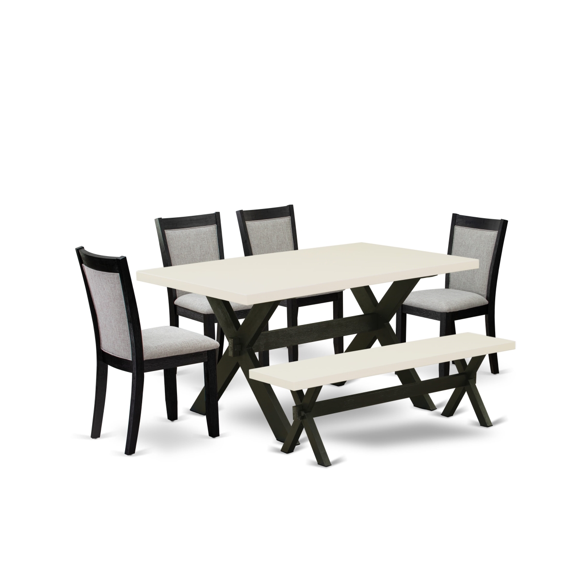 X626MZ606-6 6 Piece Kitchen Table Set - Linen White Table with A Rustic Bench & 4 Shiitake Dining Chairs - Wire Brushed Black Finish