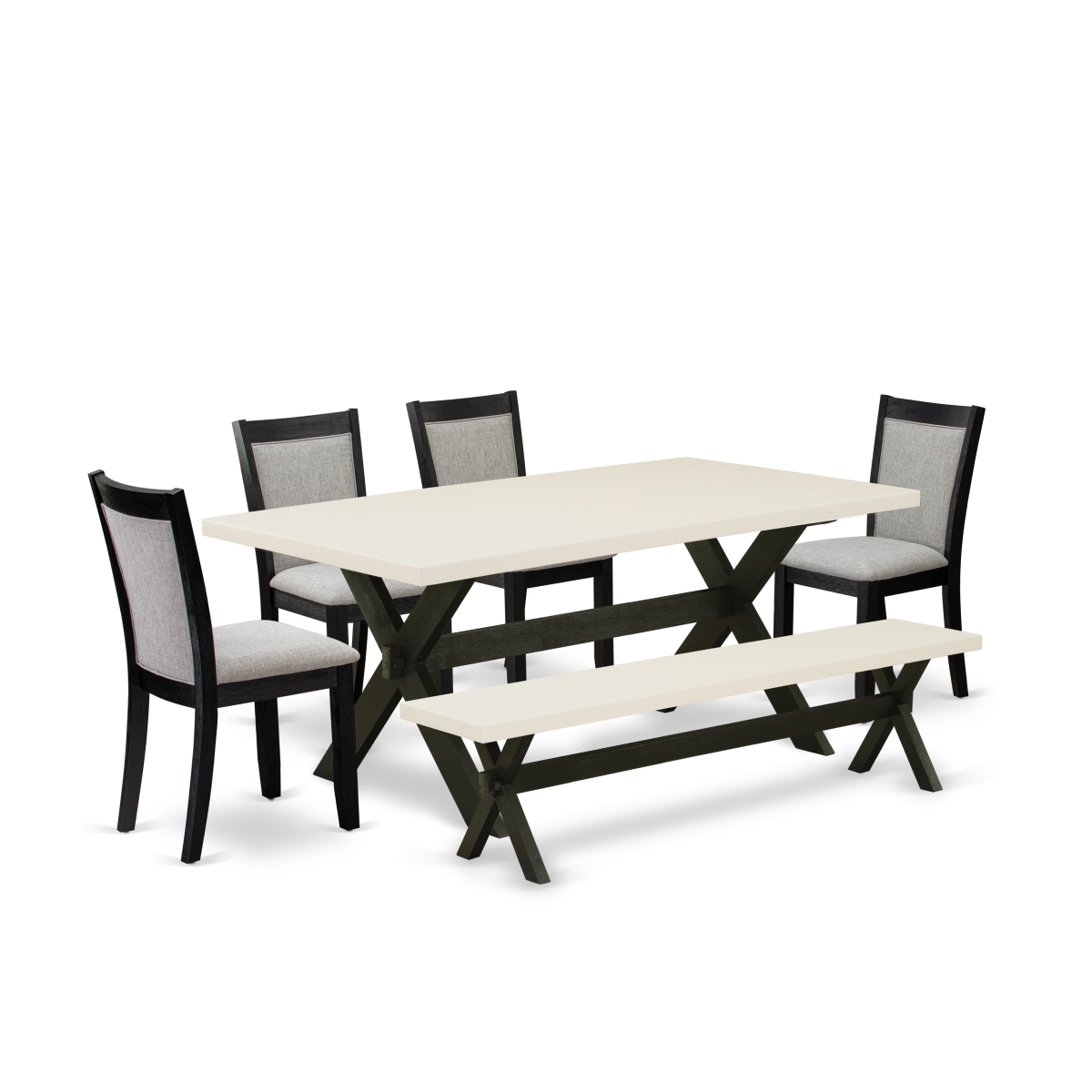 X627MZ606-6 6 Piece Dinner Table Set - Linen White Table with Bench & 4 Shiitake Dining Room Chairs - Wire Brushed Black Finish