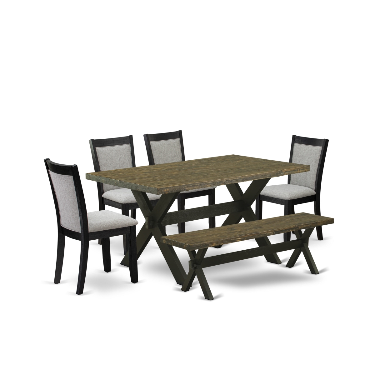 X676MZ606-6 6 Piece Dining Room Table Set - Distressed Jacobean Table with A Bench & 4 Shiitake Chairs - Wire Brushed Black Finish