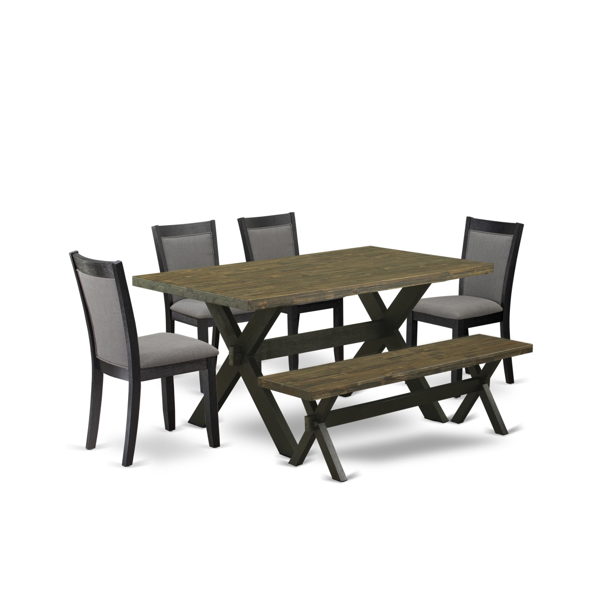 X676MZ650-6 6 Piece Dinette Set - Distressed Jacobean Table with A Bench & 4 Dark Gotham Grey Chairs - Wire Brushed Black Finish