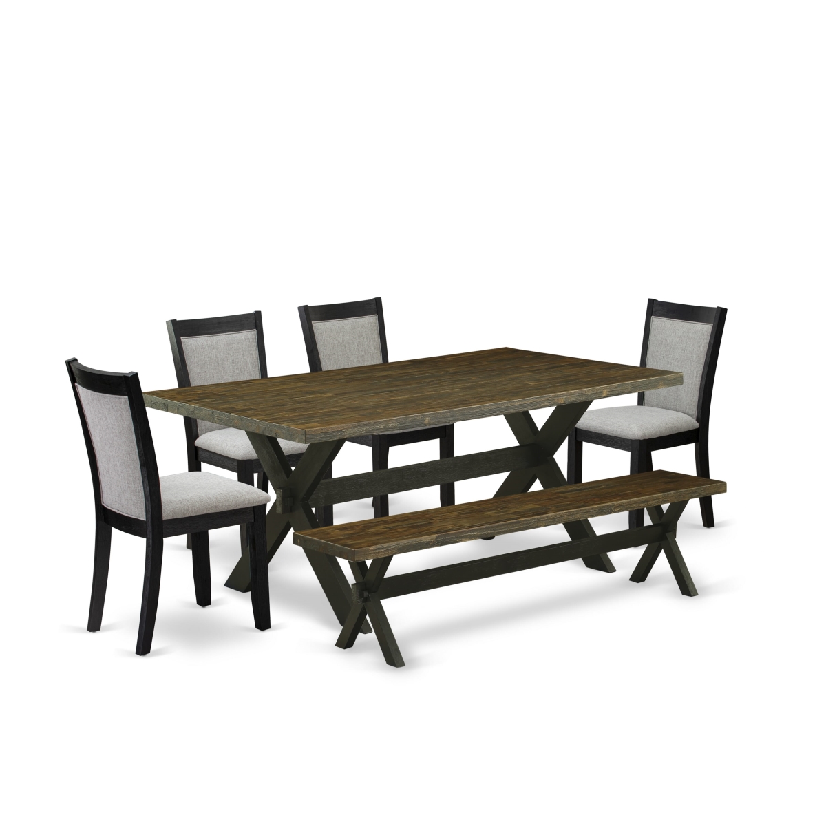 X677MZ606-6 6 Piece Table Set - Distressed Jacobean Dining Table with A Bench & 4 Shiitake Chairs - Wire Brushed Black Finish