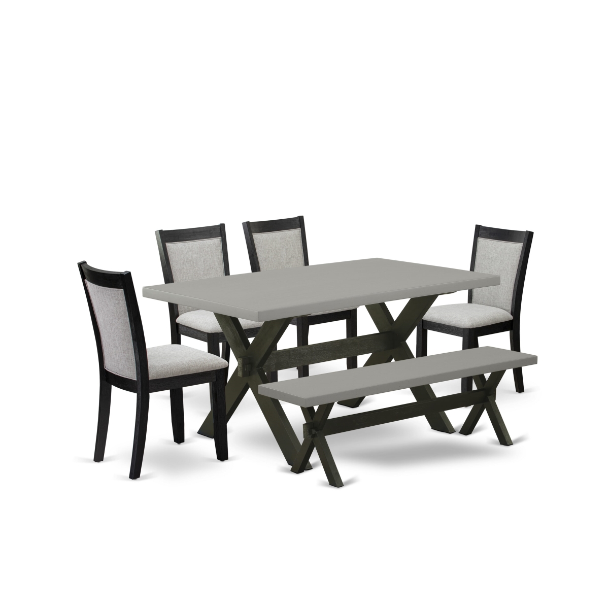 X696MZ606-6 6 Piece Kitchen Table Set - Cement Kitchen Table with Small Bench & 4 Shiitake Dining Chairs - Wire Brushed Black Finish