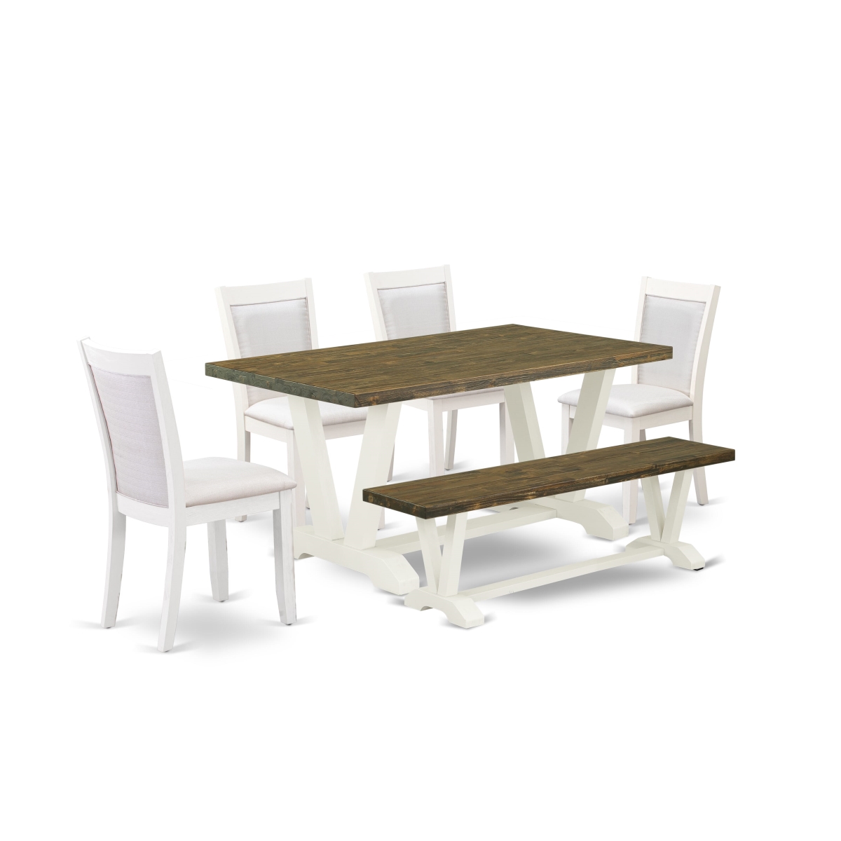 V076MZ001-6 6 Piece Table Set Consists of A Dining Table - 4 Cream Parson Chairs & A Small Bench - Wire Brushed Linen White Finish